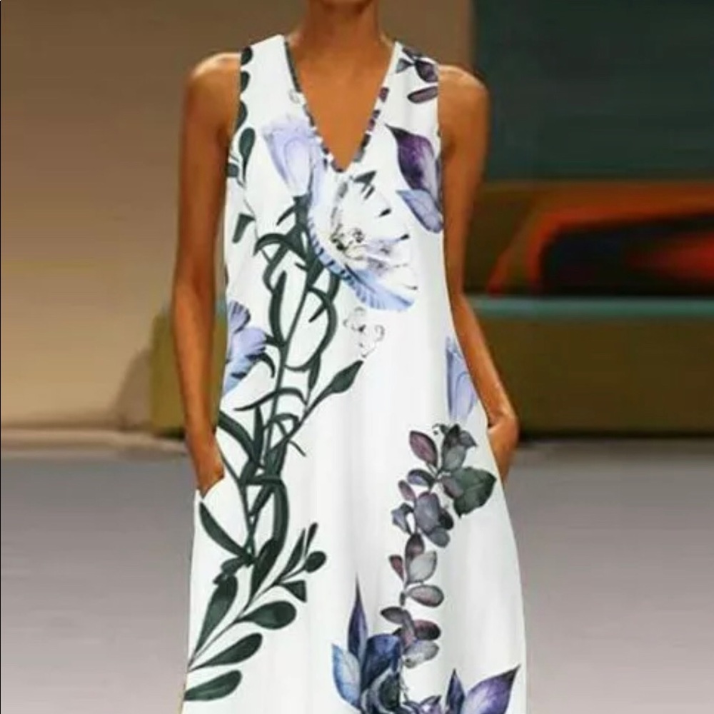 Women Sleeveless Long Dress Floral Print Pocket